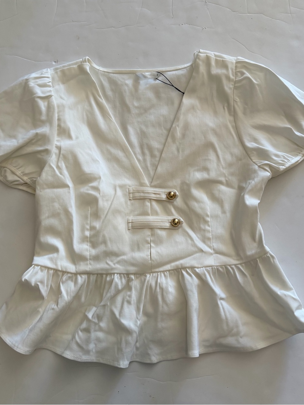 Zara White Peplum V-Neck Top with Gold Buttons